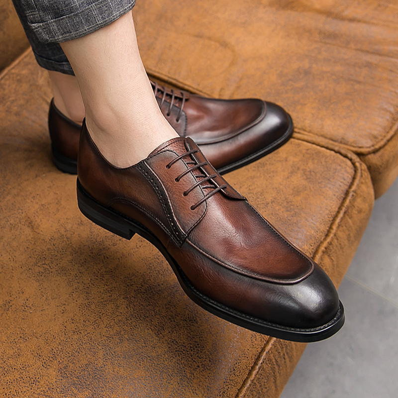 夏季英伦风男士皮鞋真皮潮流百搭复古手工休闲鞋商务正装男鞋婚鞋