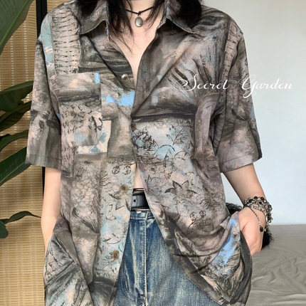 夏威夷海岛松弛感度假中性痞帅印花衬衫上衣设计感酷飒衬衣男女
