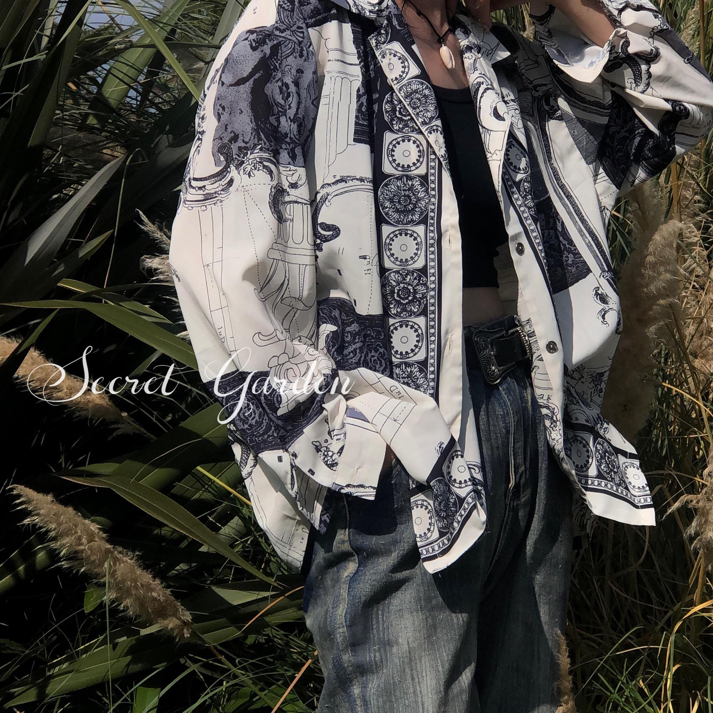 古巴设计感中性巴洛克长袖花衬衫男女古着vintage复古宽松衬衣