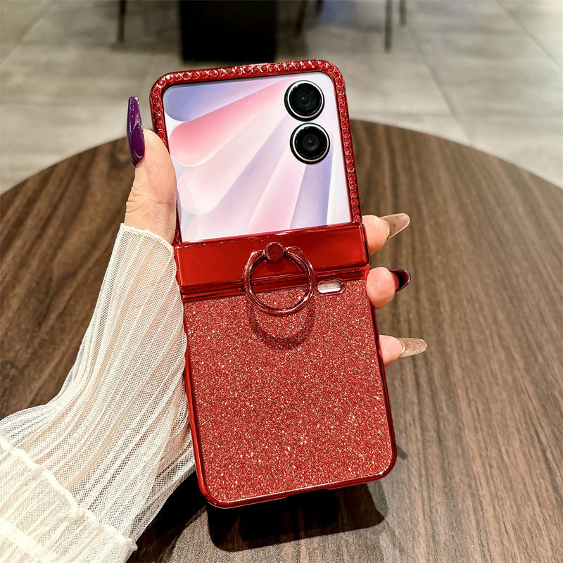 适用于华为荣耀vflip2手机壳晶莹闪粉指环上下铰链红色CLE-NN00折叠屏壳膜一体保护套全包防摔贴膜潮新年款