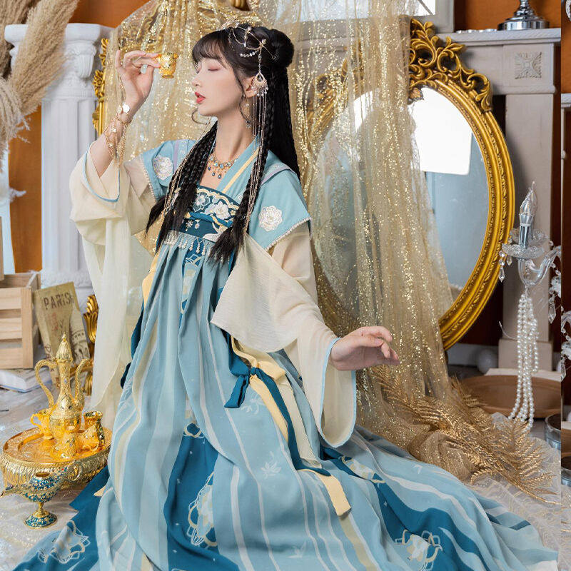 池夏敦煌曲:鹤羽 唐褙子对襟短衫一片式齐胸裙 原创改良汉服女