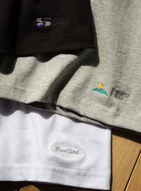 HavenYard 超宽加固滚领下摆不同小刺绣基础打底宽松重磅长袖T恤