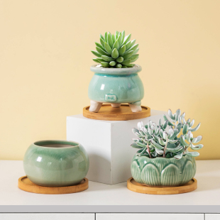 多肉花盆创意个性 多肉花盆精致哥窑办公桌面陶瓷带托盘 2024新款