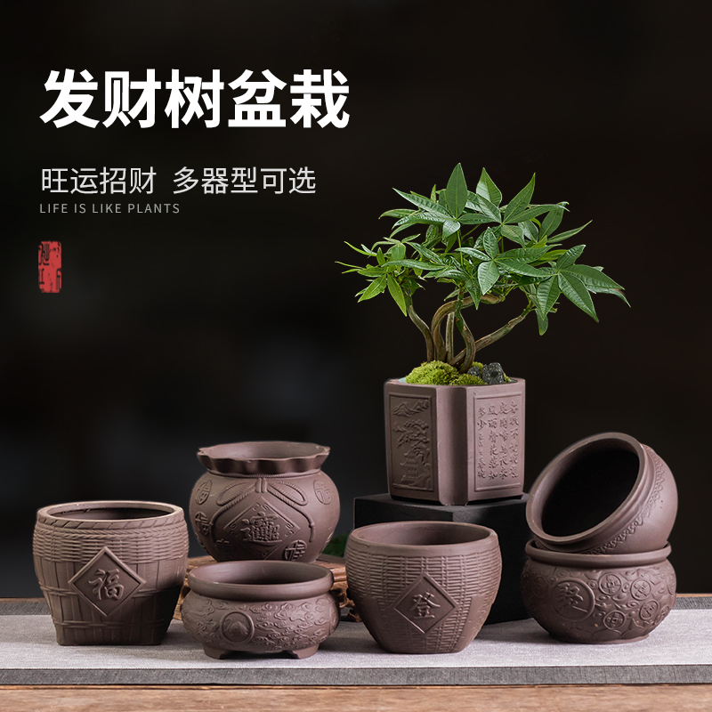 陶瓷紫砂发财树专用花盆办公室桌面绿植招财花盆五福禅意桌面摆件