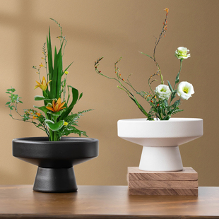 陶瓷高脚花盆桌面绿植花插盆水培高级剑山插花器皿禅意桌面盆景盆