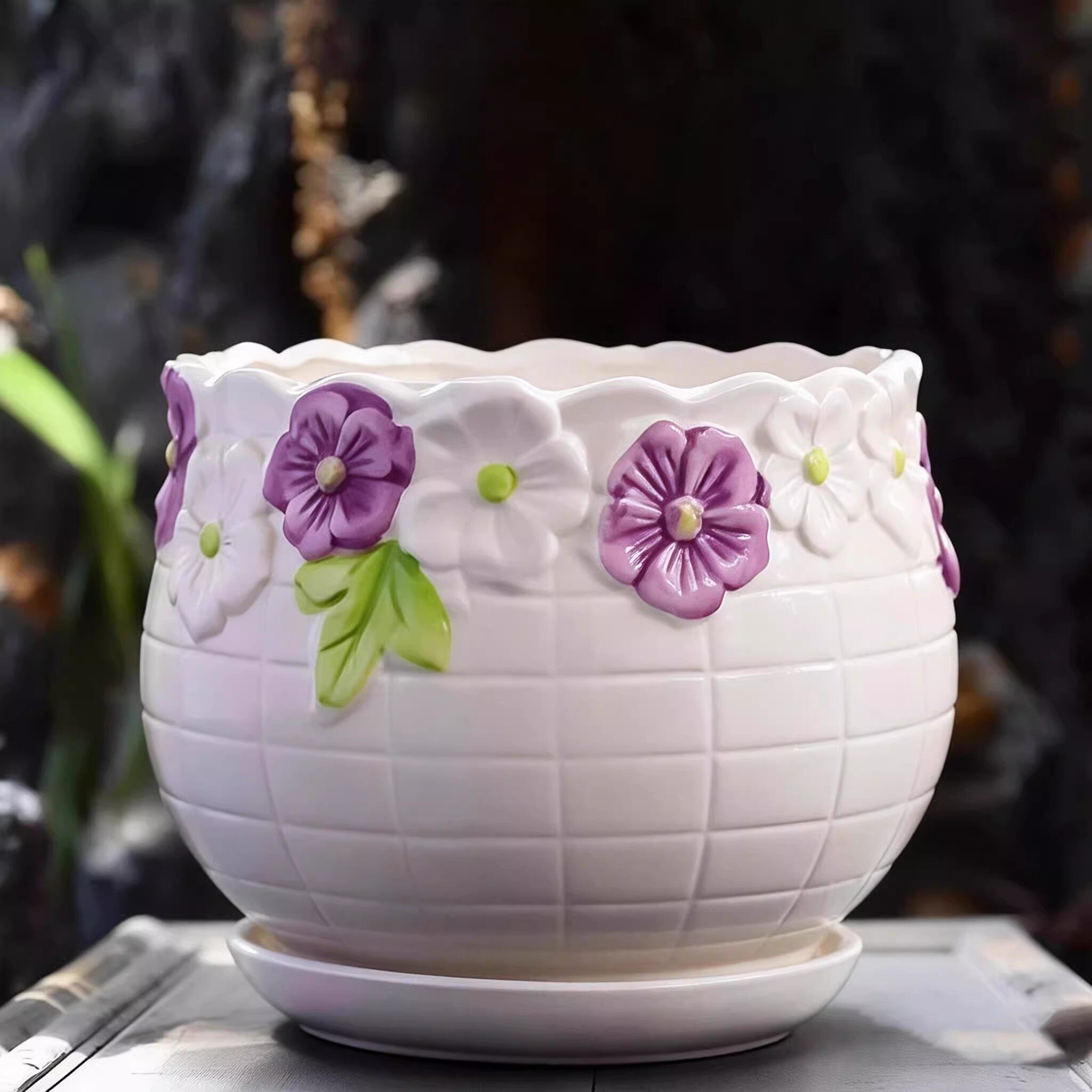 花盆陶瓷绿萝专用盆吊兰花盆家用大小号托盘一体发财树种植盆摆件