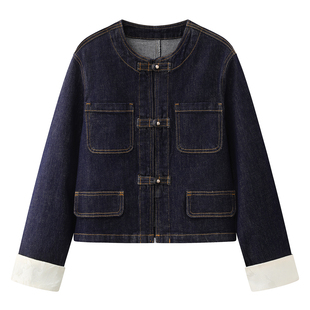 雅系！新年系列~ 2026春季新中式国风盘扣圆领短款纯色牛仔外套女