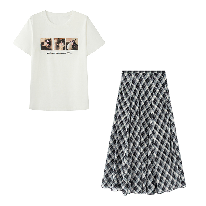 伊系!猫狗双全系列猫咪印花索罗纳圆领T恤高腰格子半身裙两件套