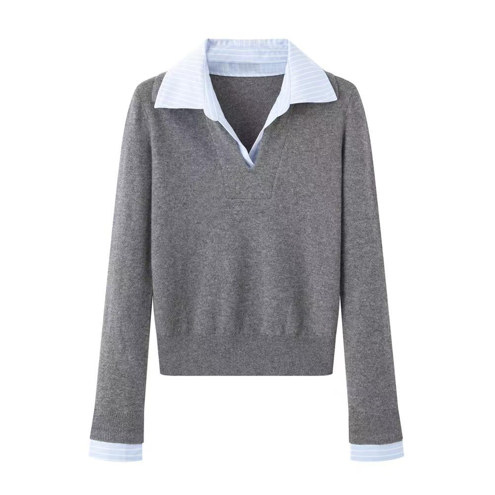 小艾！2025女装秋新款假两件毛衣简约气质显瘦衬衫领针织衫女4136