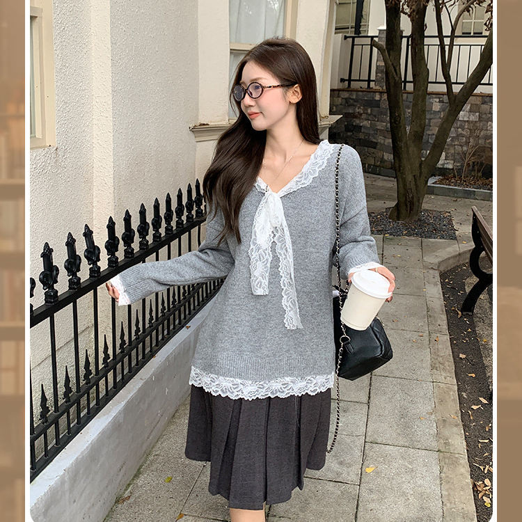 设计感软糯韩系蕾丝花边V领毛衣女秋冬慵懒风宽松蝴蝶结针织上衣