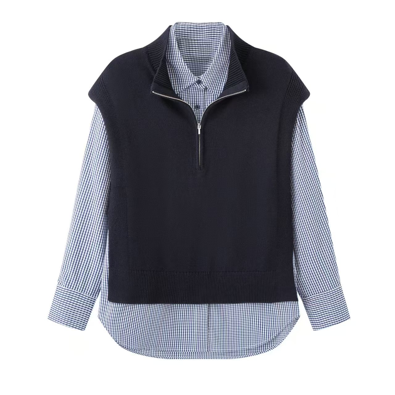 鸟家!2025秋百搭宽松半拉链叠穿针织马甲polo领格子衬衫两件套女