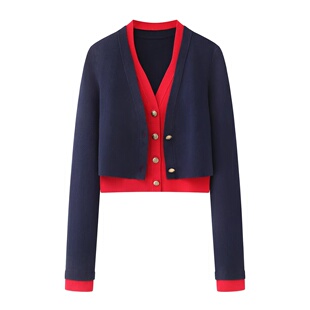 小艾!2026春季新款时尚百搭撞色V领上衣假两件针织开衫毛衣女