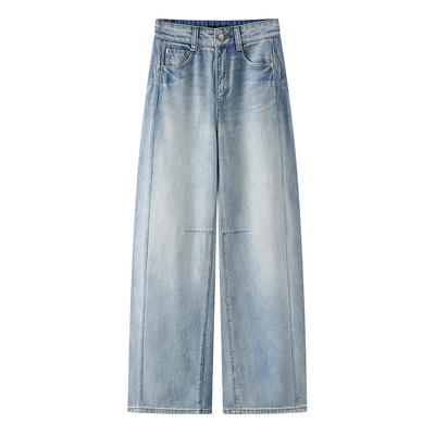 浅蓝色无弹直筒阔腿牛仔裤女