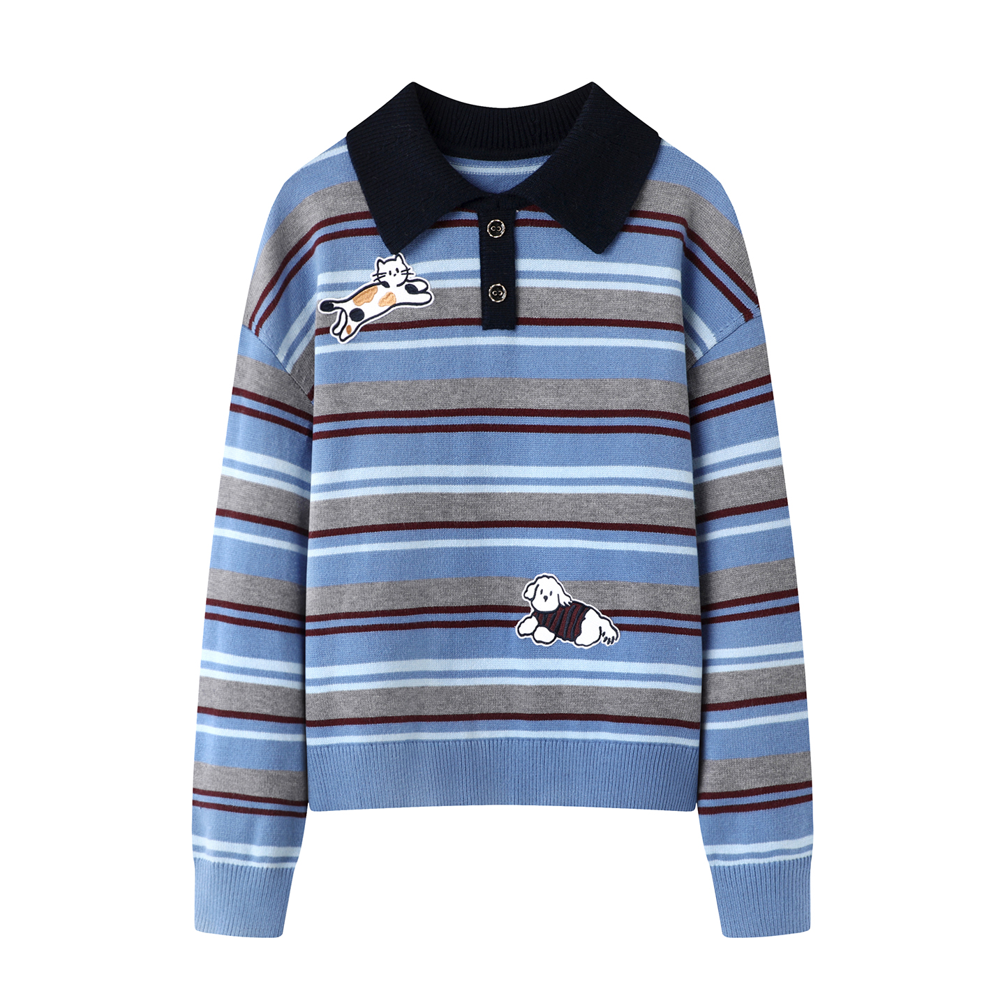 阔系！条纹polo领蓝色毛衣女2025秋冬款复古学院风针织衫刺绣上衣