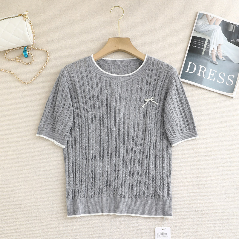 诗系！2025夏韩版气质百搭套头针织衫T恤蝴蝶结麻花身短袖上衣女