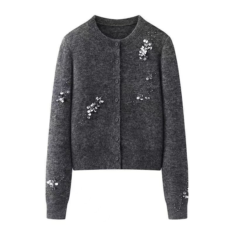 小艾！2025冬季新款百搭高级感灰色亮片开衫钉珠圆领针织毛衣女