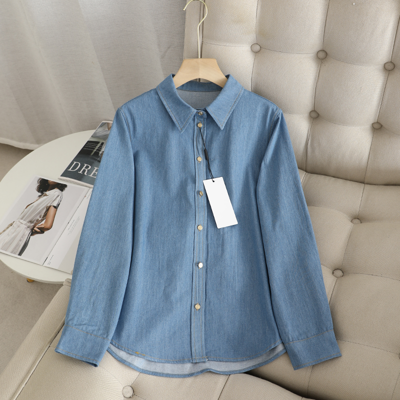 宽松通勤单排扣长袖牛仔牛仔衬衫