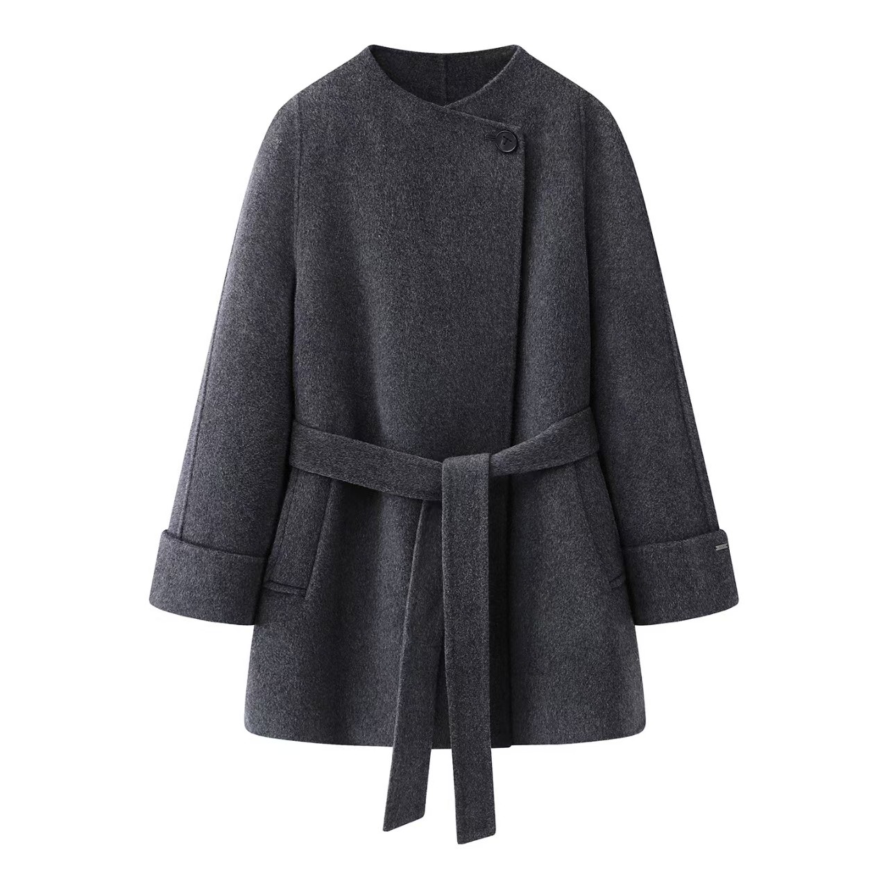 迪家！2025冬新款优雅气质毛呢外套女中长款系带圆领收腰Y毛大衣