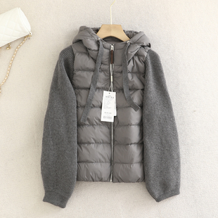 檬系！针织拼接袖轻薄羽绒服外套女短款连帽抽绳灰色2025冬季新款