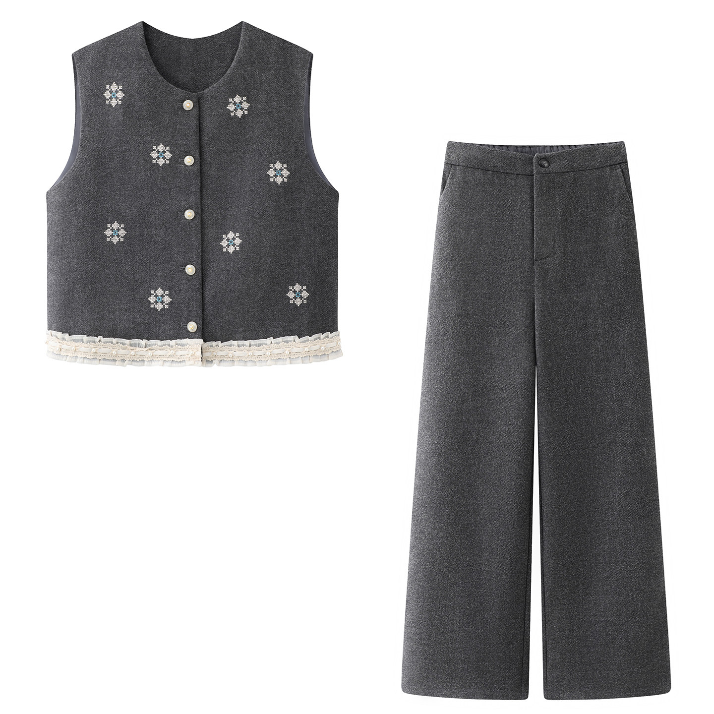 香系の一套入！灰色花边刺绣马甲+质显瘦休闲直筒阔腿裤两件套女,女装/女士精品,时尚套装,淘宝优惠券,粉丝福利购,淘宝优惠卷