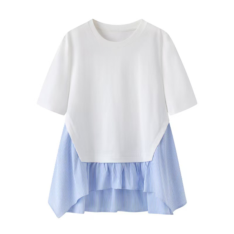 阔系の白色拼接不规则荷叶边条纹上衣女2025夏新款设计感短袖T恤