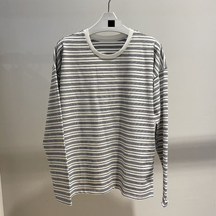 打底T恤上衣女2025春秋款 伊系 黑白细条纹圆领百搭韩系通勤长袖