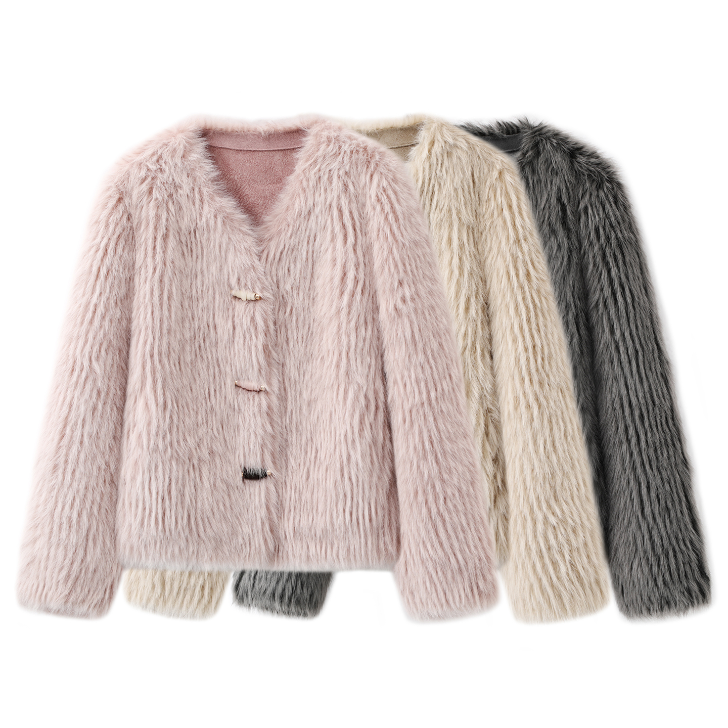 小香风毛毛仿皮草外套女冬季2025新款保暖V领牛角扣皮毛一体上衣