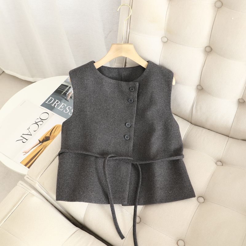 腰带通勤短款圆领毛呢马甲
