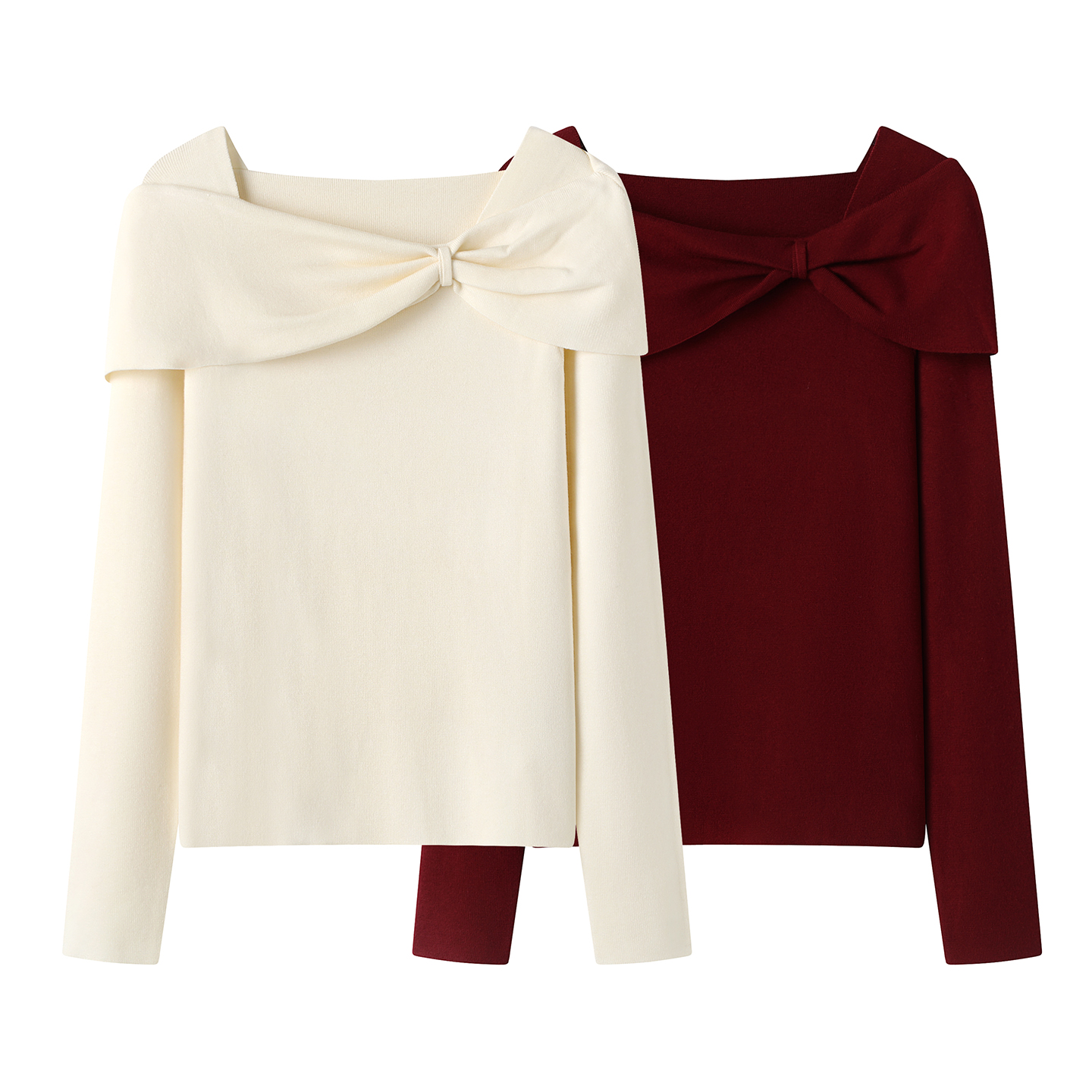 影系！安可拉红一字领针织衫女2025秋设计感小众氛围感蝴蝶结上衣