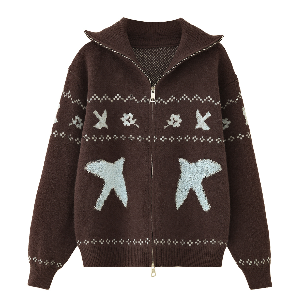 茵！2025秋冬新款设计感费尔岛提花毛衣拉链立领咖色针织开衫外套