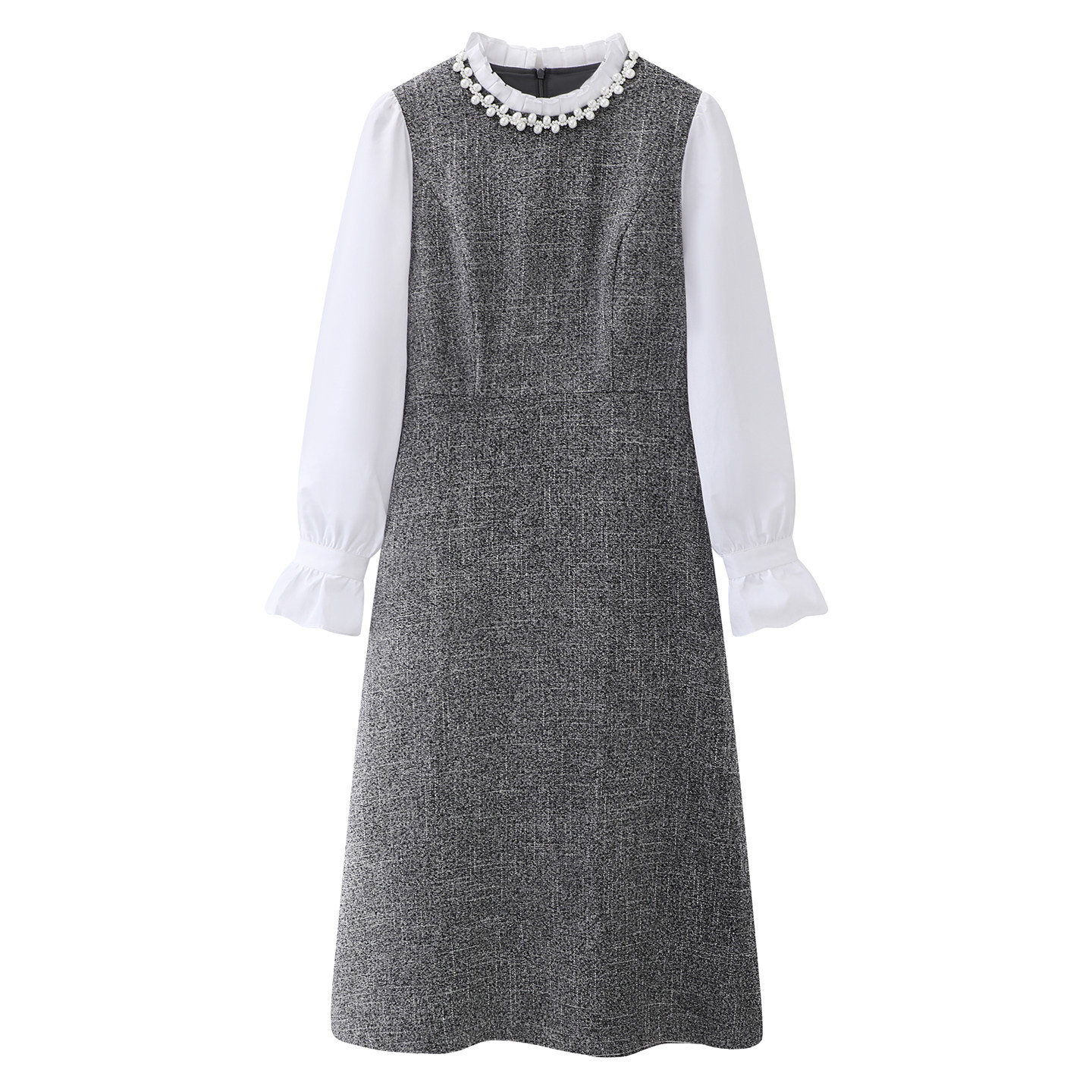 影系！圣诞灰色小香风收腰连衣裙女2026春新款钉珠假两件长袖裙子,女装/女士精品,连衣裙,淘宝优惠券,粉丝福利购,淘宝优惠卷