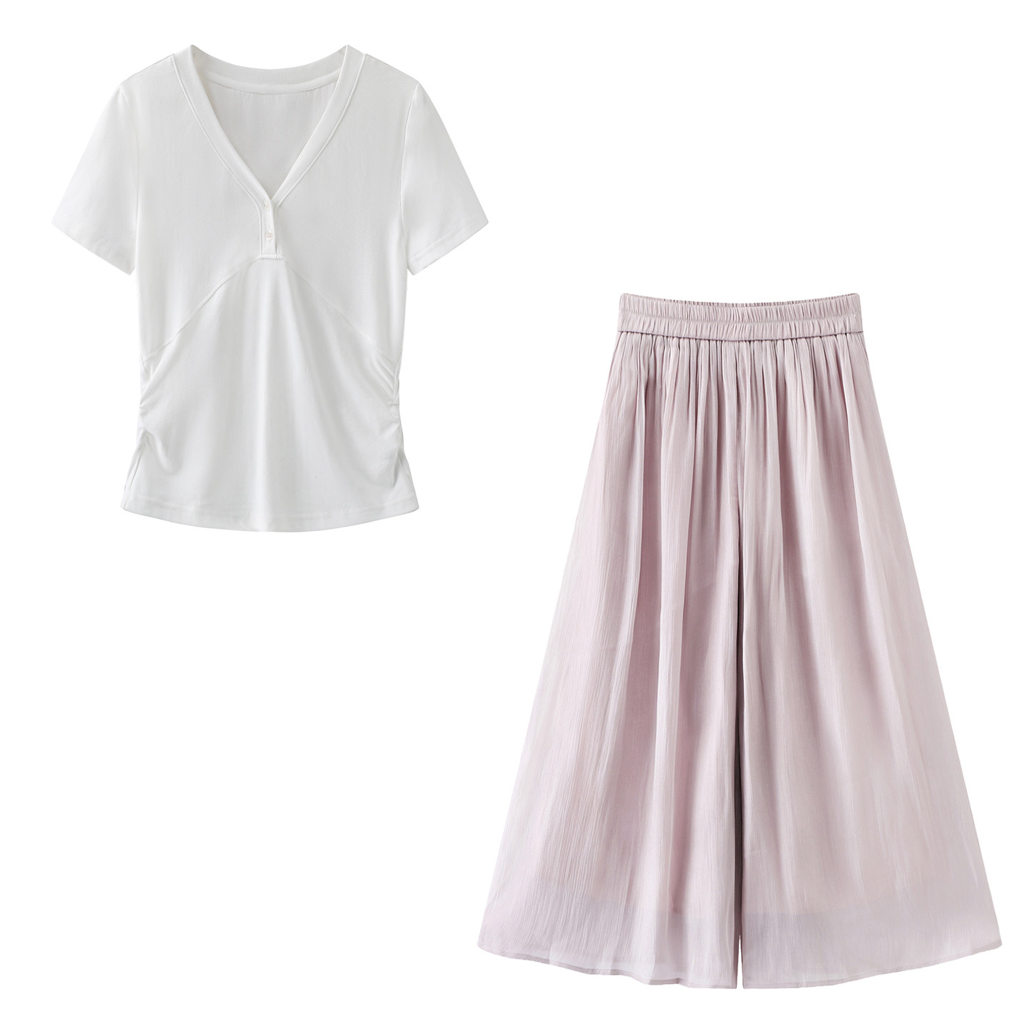 影系！2026夏设计感v领拼接收腰捏褶修身短袖t恤阔腿裙裤两件套女