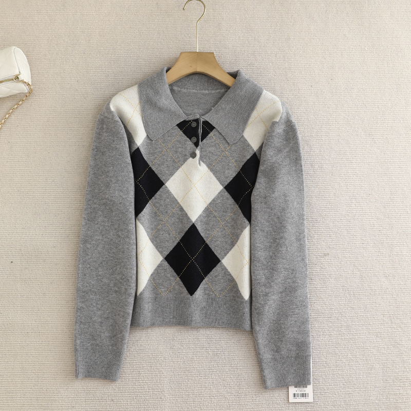 伊系！2025秋冬复古撞色polo领Y毛混纺菱形格小个子针织衫毛衣女