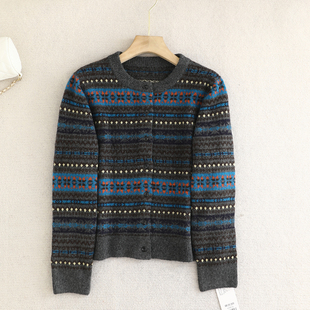 开衫 檬系 针织衫 浪漫复古费尔岛提花圆领常规袖 毛衣叠穿上衣 韩版