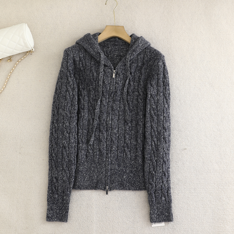 檬系！2025冬季休闲百搭藏青连帽双拉链抽绳针织衫毛衣软糯开衫女
