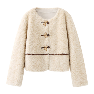 谜！杏色羊羔绒外套女冬2025冬季加厚保暖皮毛一体毛茸茸短款上衣