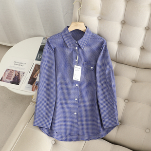 宽松休闲气质小个子衬衣 上衣女内搭2025春长袖 彩系 蓝色格子衬衫