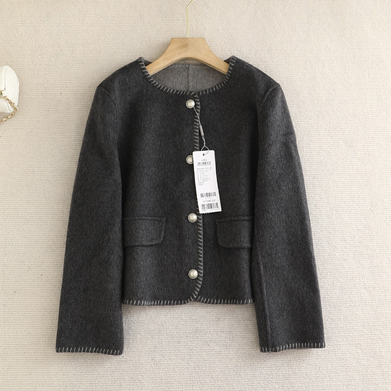 诗系！小香风双面呢大衣女2025秋冬时尚气质撞色边圆领毛呢短外套,女装/女士精品,毛呢外套,淘宝优惠券,粉丝福利购,淘宝优惠卷