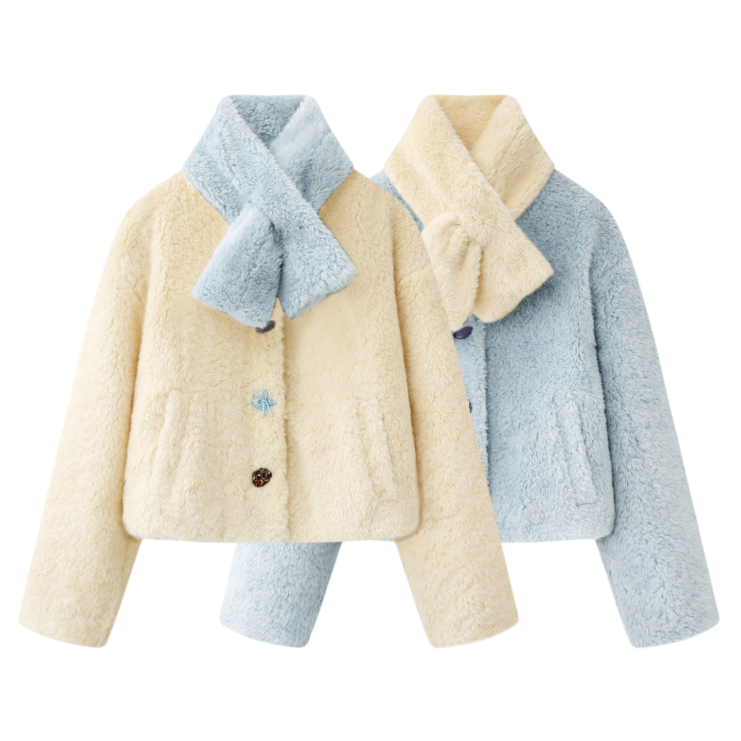 阔系！浅黄色带围巾毛毛外套夹棉短款2025秋冬季女装蓝色长袖上衣