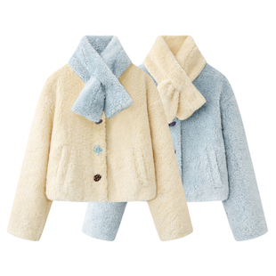 阔系!浅黄色带围巾毛毛外套夹棉短款2025秋冬季女装蓝色长袖上衣