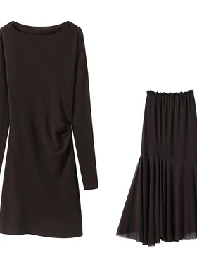 小艾！202秋气质洋气百搭修身显瘦连衣裙不规则A字半身裙套装3044