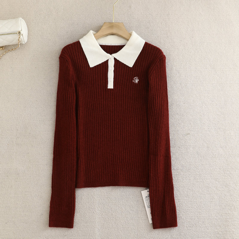 檬系！洋气学姐！撞色字母刺绣polo领针织衫女2025秋冬季减龄毛衣