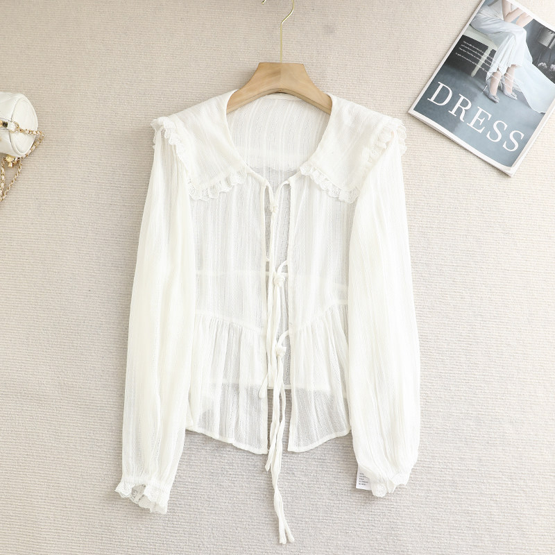 2025春夏季新款法式甜美娃娃领镂空多系带长袖开襟白色纯棉衬衫女,女装/女士精品,衬衫,淘宝优惠券,粉丝福利购,淘宝优惠卷