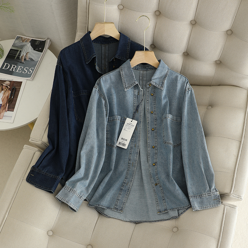 宽松简约单排扣长袖牛仔宽松衬衫