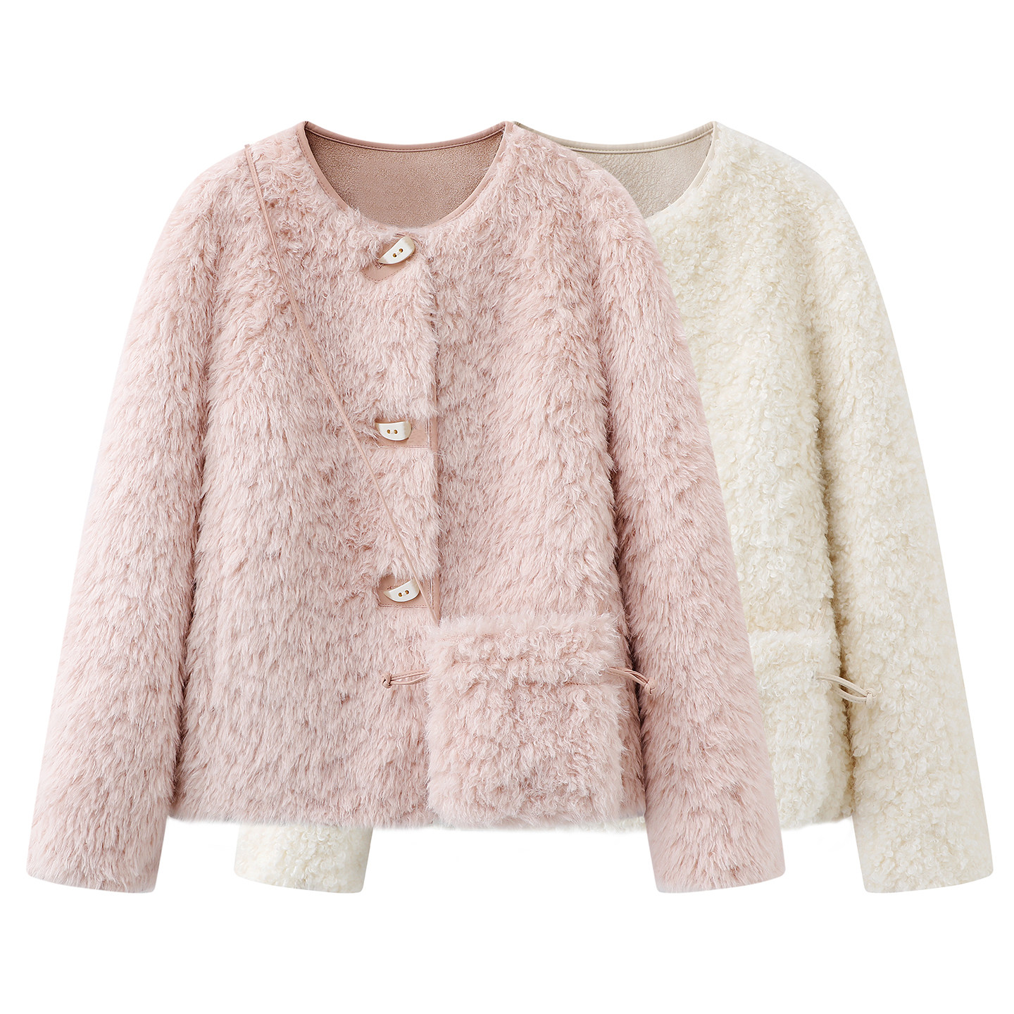 2025秋冬季甜美粉色温柔羊羔毛气质皮草配小包包圆领毛毛短外套女,女装/女士精品,皮草,淘宝优惠券,粉丝福利购,淘宝优惠卷
