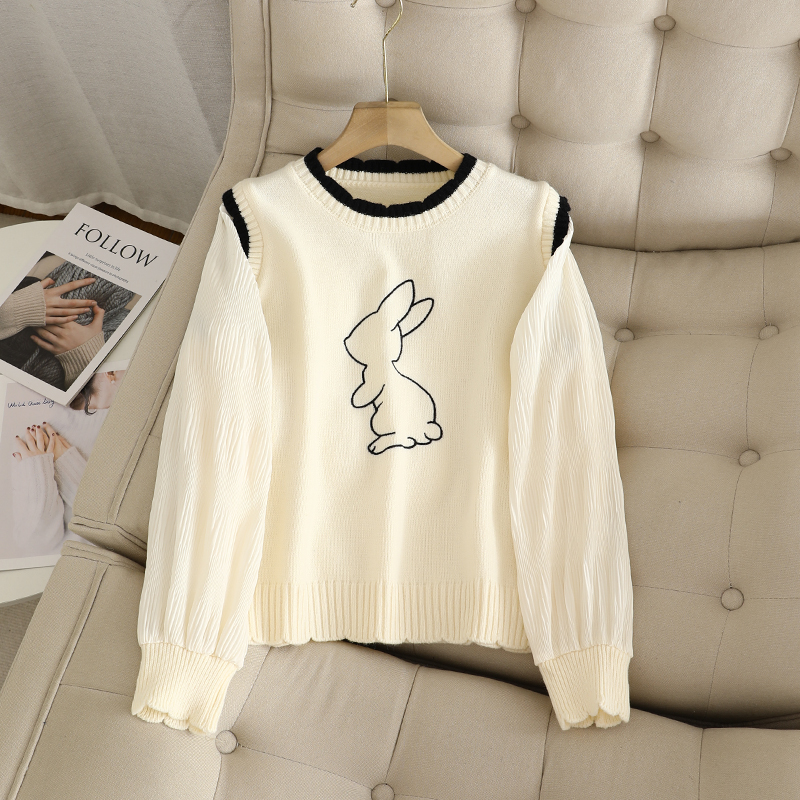 针织套头圆领兔子刺绣针织衫