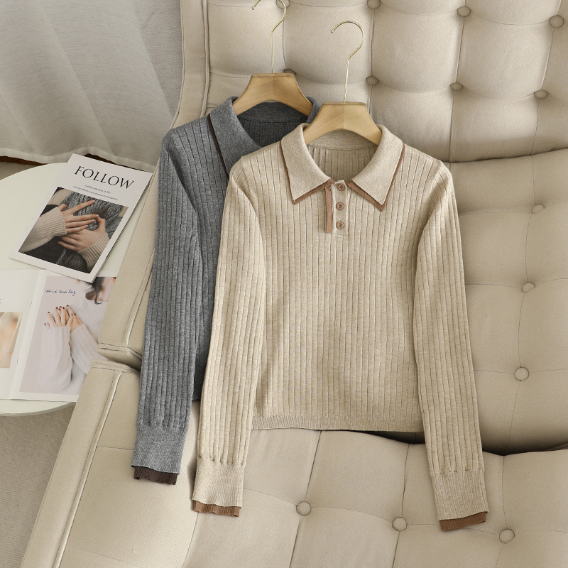 针织半开襟POLO领撞色针织衫