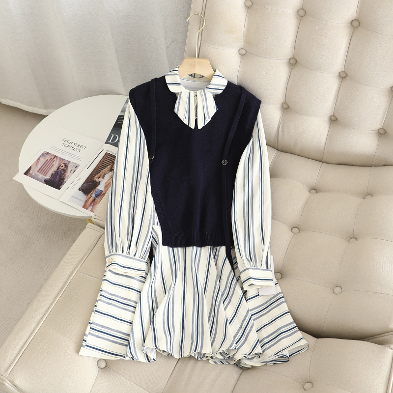 针织马甲衬衫连衣裙两件套