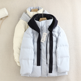 檬系!可拆卸拼接针织帽休闲宽松羽绒服女2025冬季面包服保暖外套