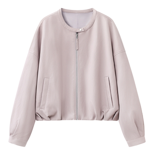 彩系の2026春季高级感气质圆领宽松百搭粉紫色PU皮衣夹克外套女